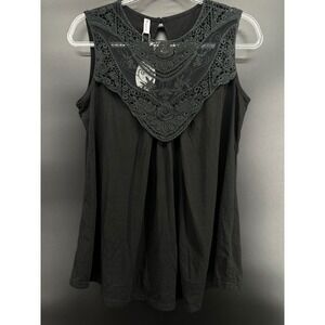 Boho Lace Yoke Tank Top Black Sleeveless Flowy Top Sz M Stretch Crochet Detail
